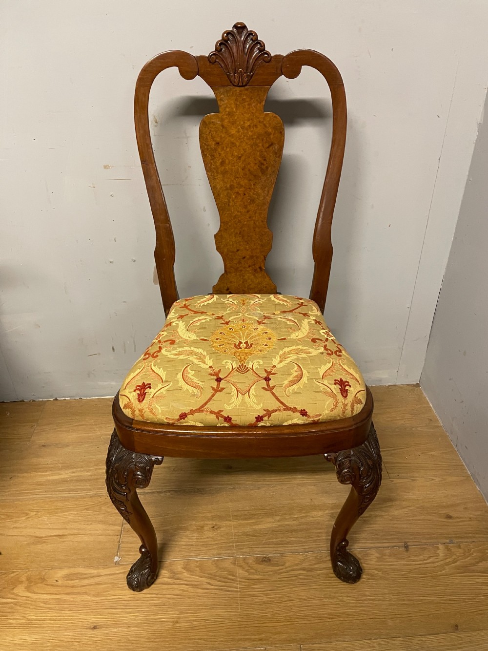 Set of 6 Queen Anne style burr walnut dining chairs circa 1920 View XIII