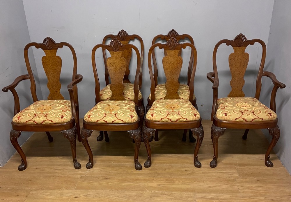 Set of 6 Queen Anne style burr walnut dining chairs circa 1920 View XVI