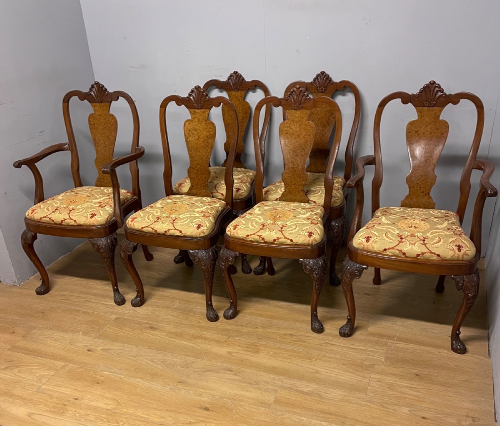 Set of 6 Queen Anne style burr walnut dining chairs circa 1920 View XVII