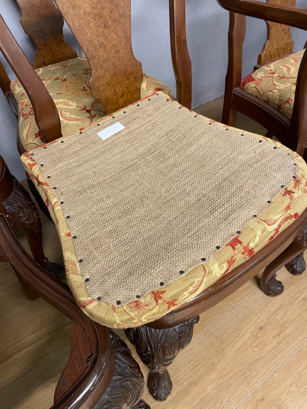 Set of 6 Queen Anne style burr walnut dining chairs circa 1920 View XVIII