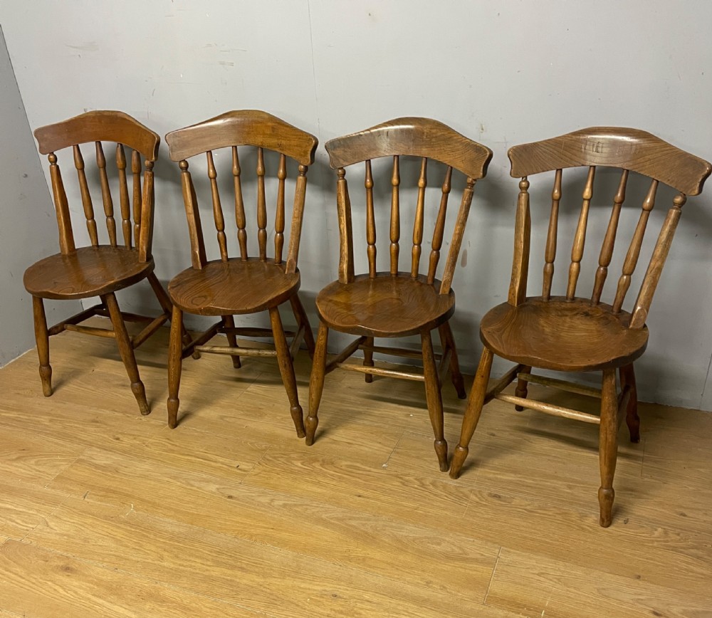 Set of four C19th elm seated kitchen chairs 