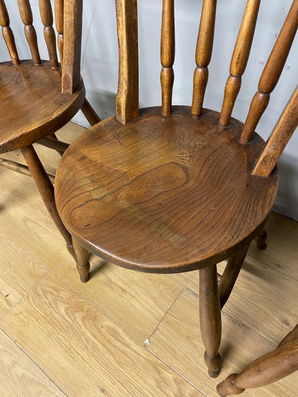 Set of four C19th elm seated kitchen chairs  View III