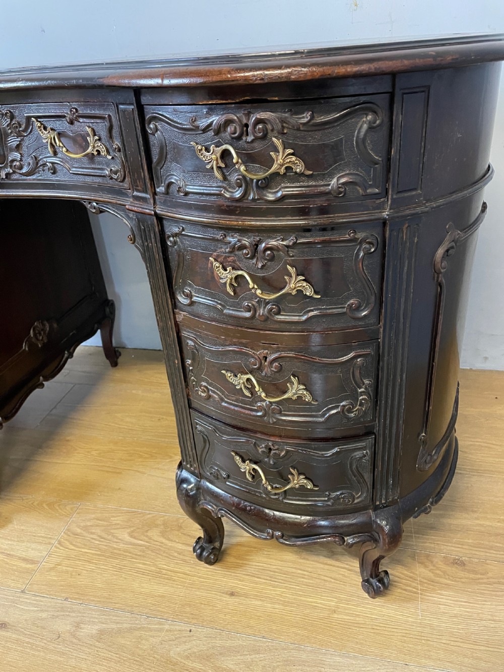 Late C19TH Maple and Co kidney shaped mahogany desk  View III