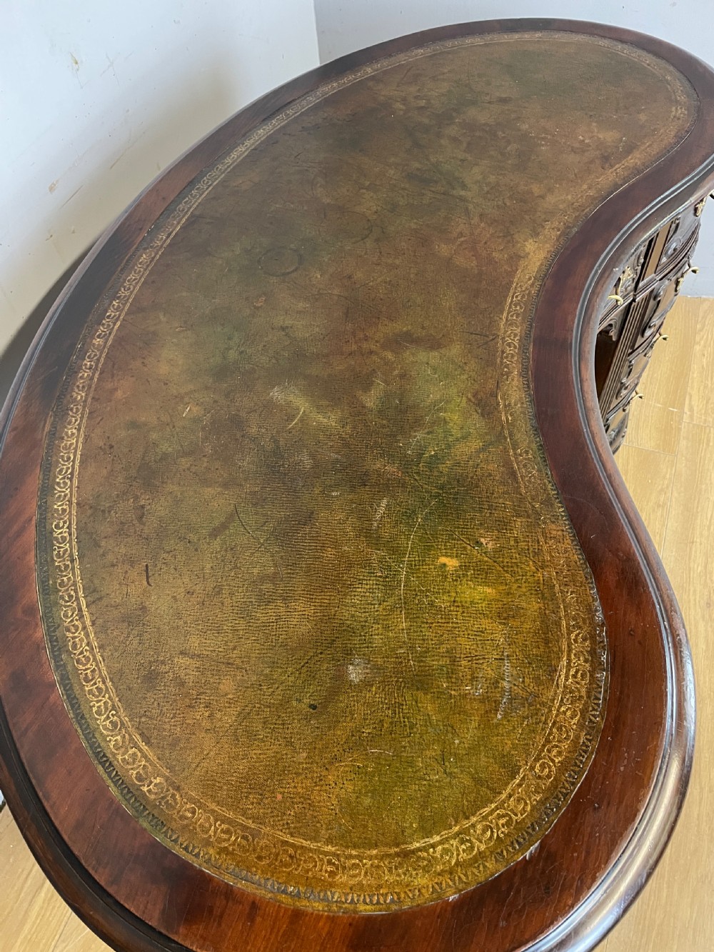 Late C19TH Maple and Co kidney shaped mahogany desk  View XII