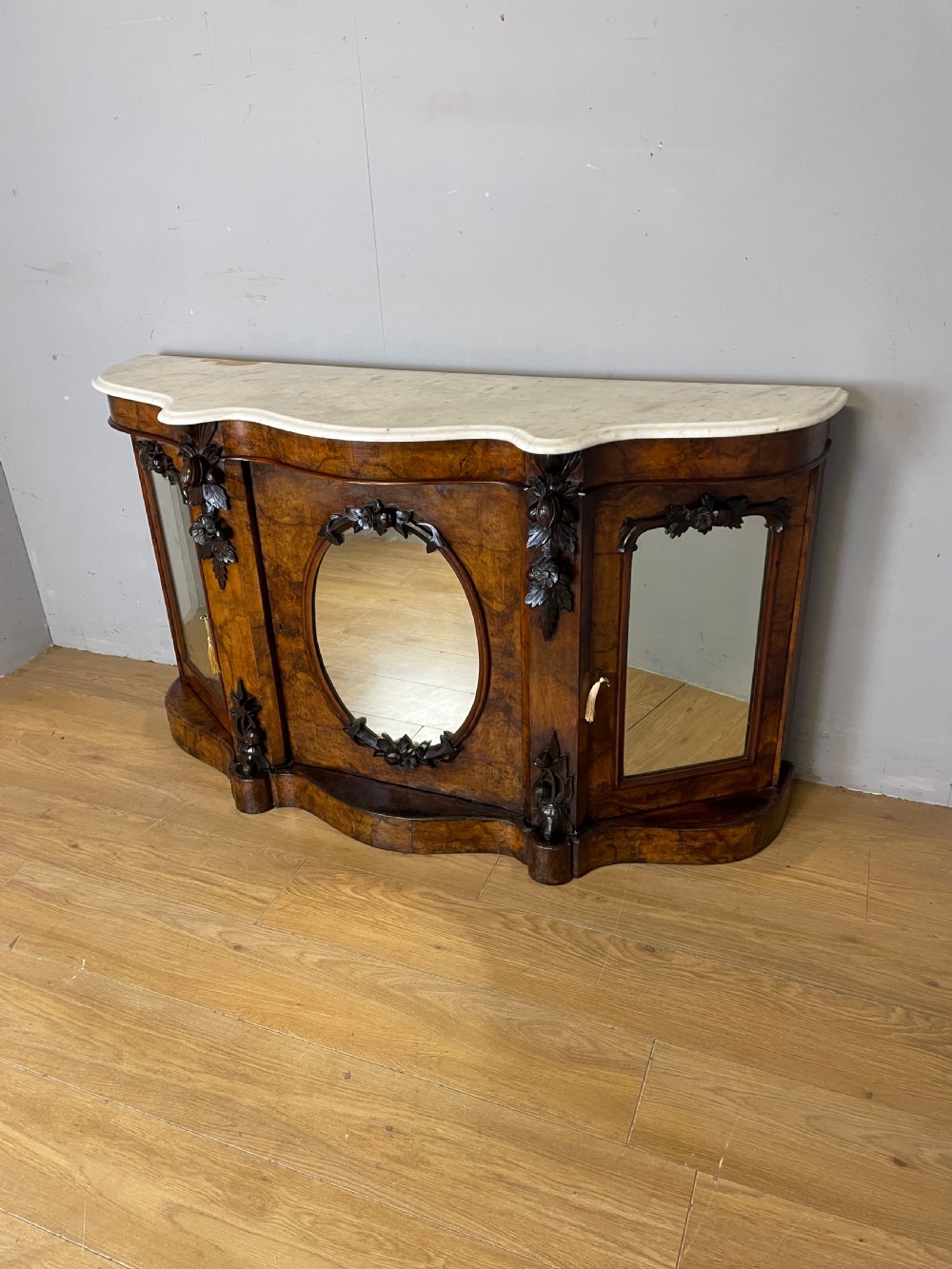 C19TH burr walnut credenza with white Carrara marble top 