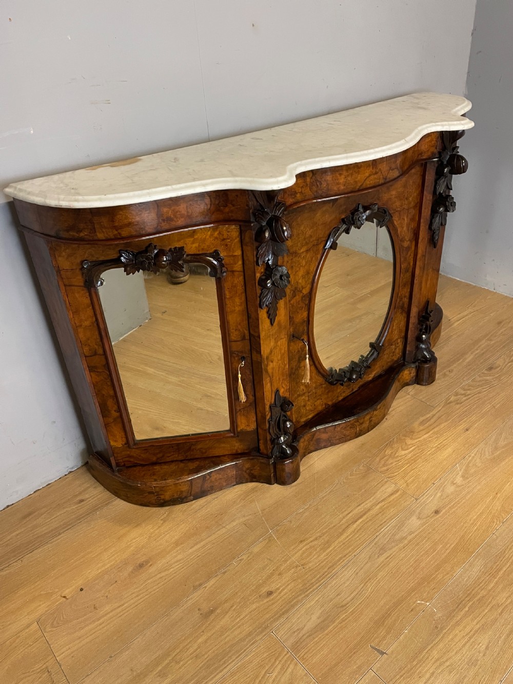 C19TH burr walnut credenza with white Carrara marble top  View II