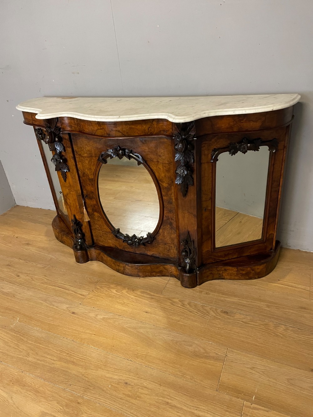 C19TH burr walnut credenza with white Carrara marble top  View III