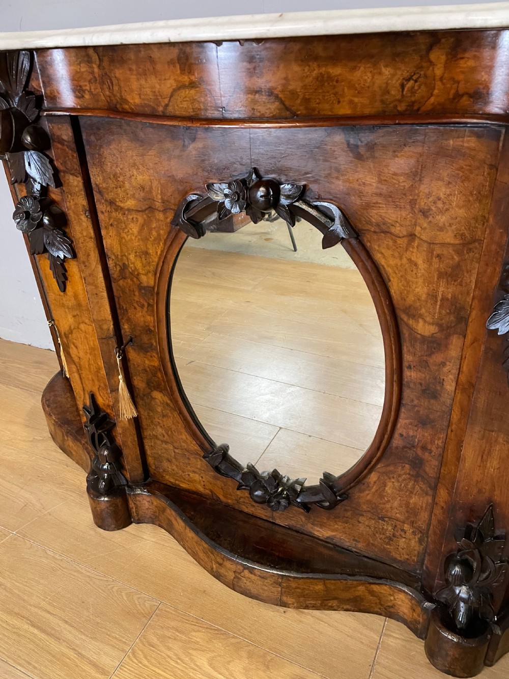 C19TH burr walnut credenza with white Carrara marble top  View V
