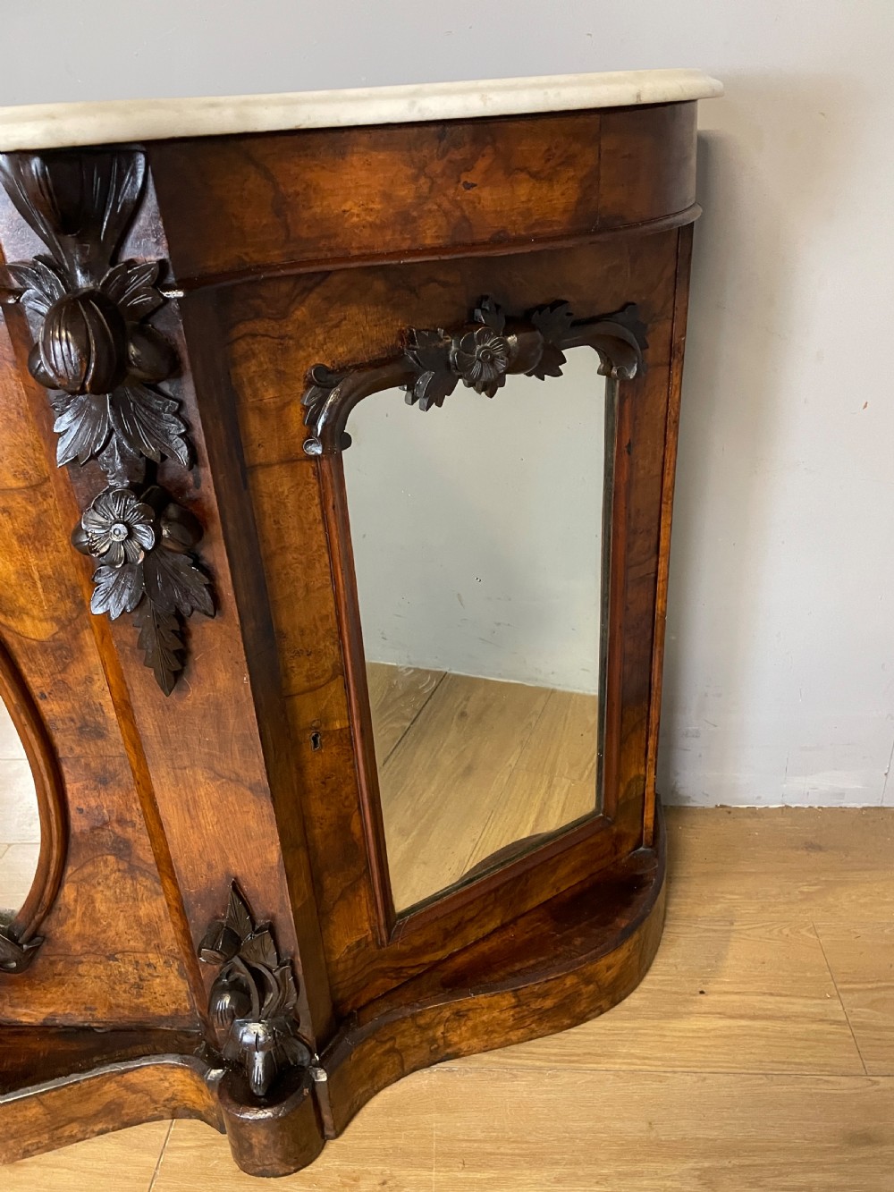 C19TH burr walnut credenza with white Carrara marble top  View VI