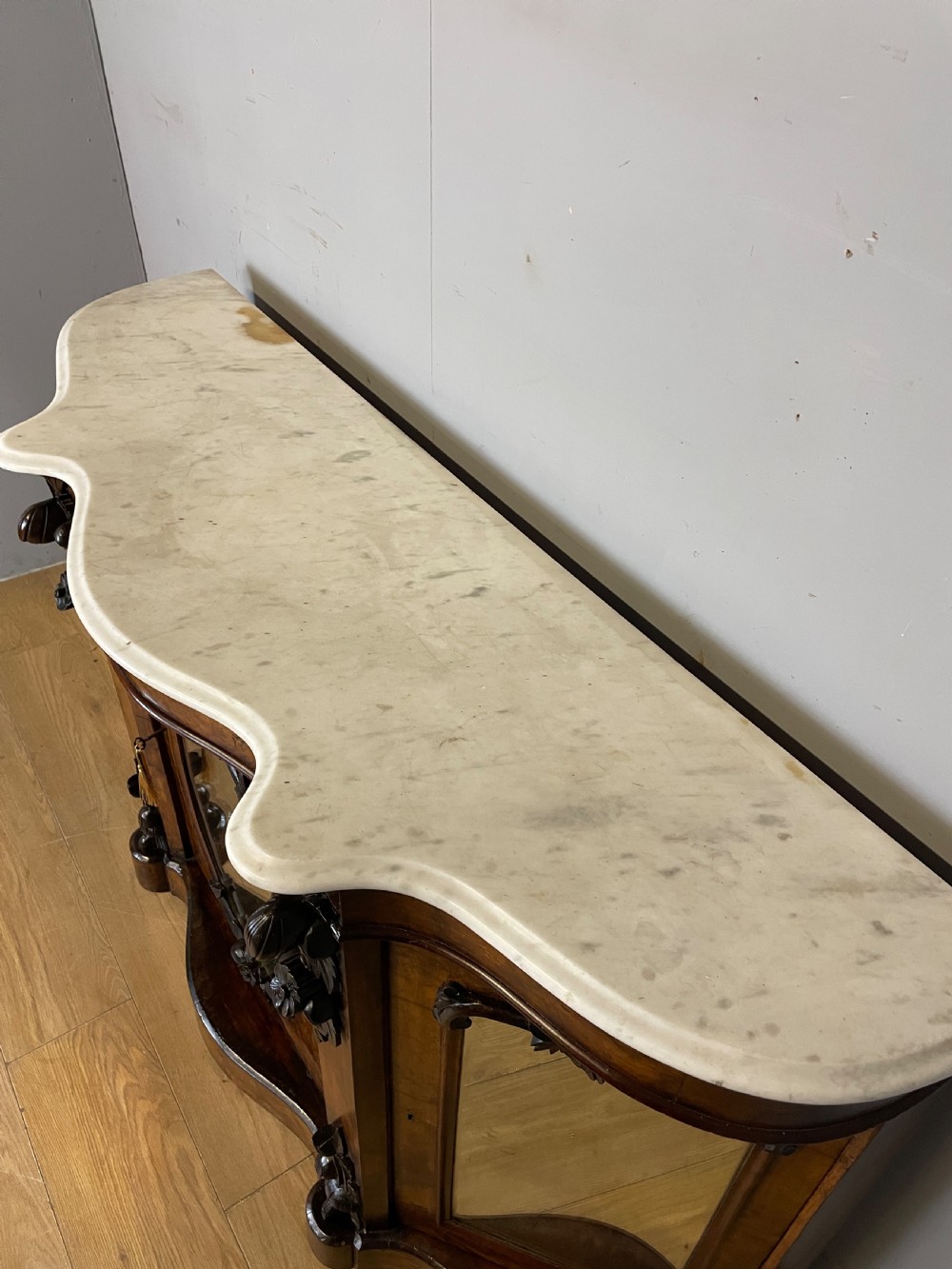 C19TH burr walnut credenza with white Carrara marble top  View VII