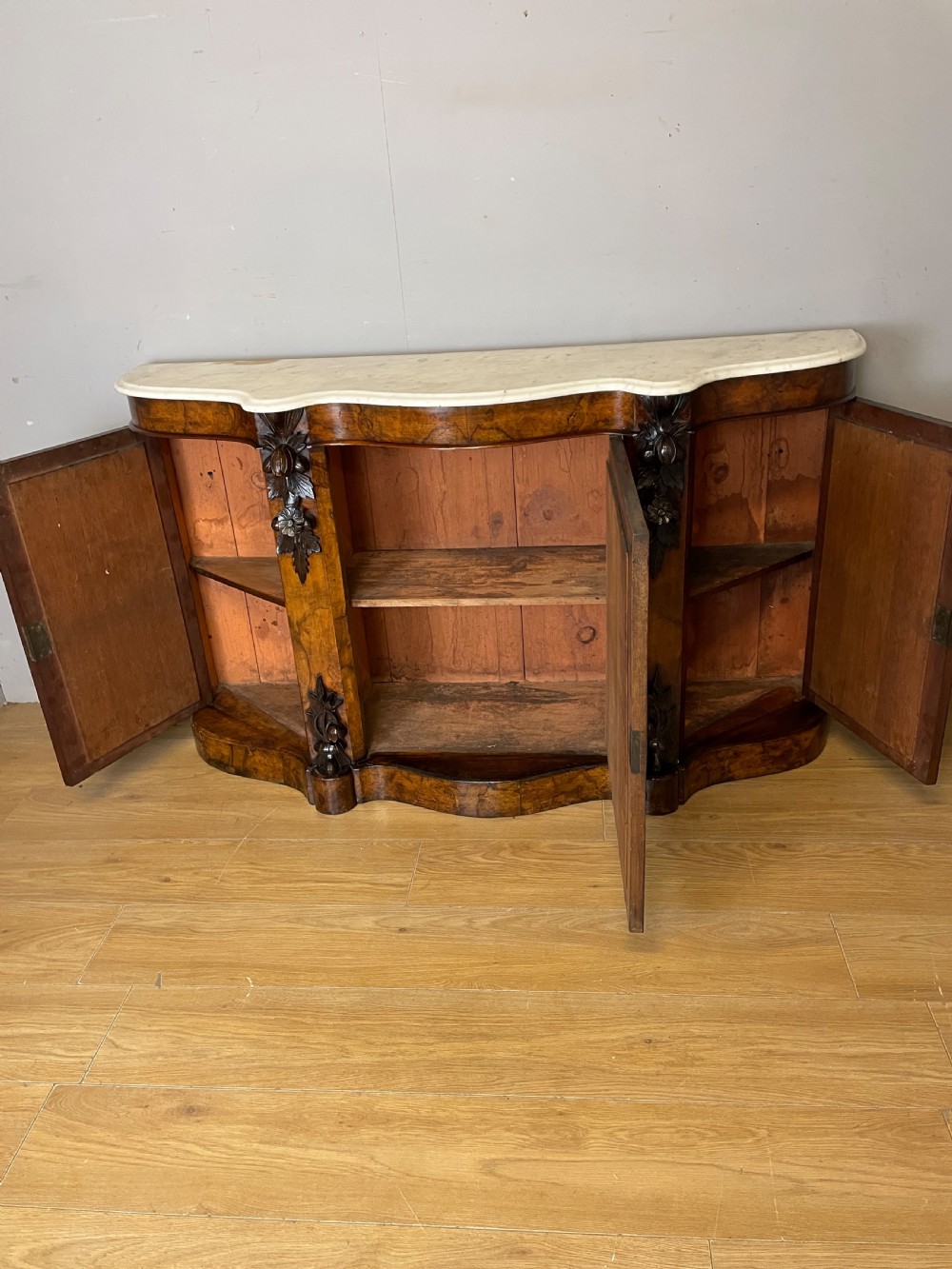 C19TH burr walnut credenza with white Carrara marble top  View IX