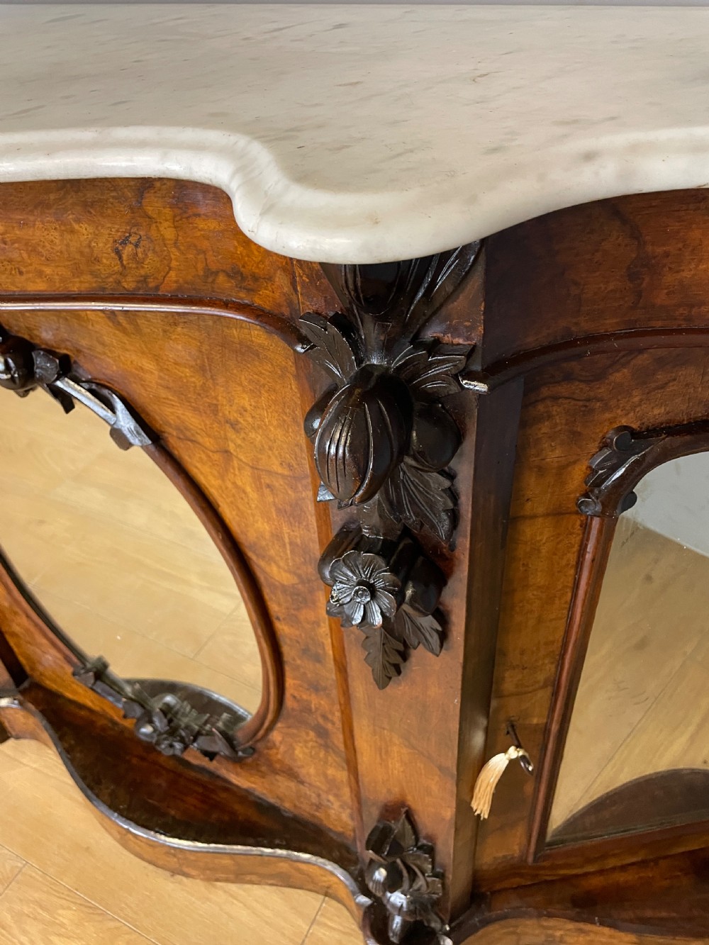C19TH burr walnut credenza with white Carrara marble top  View X