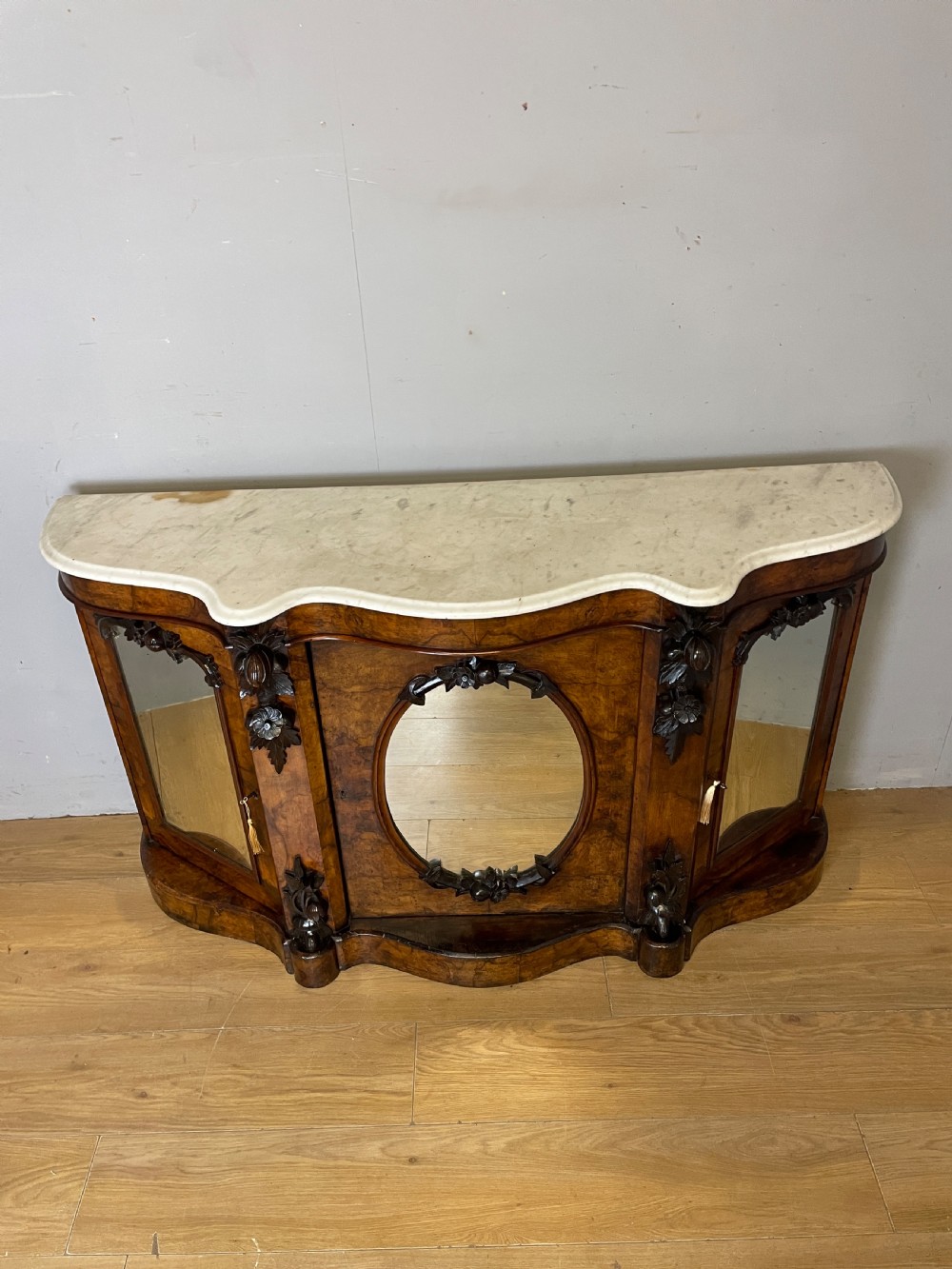 C19TH burr walnut credenza with white Carrara marble top  View XI
