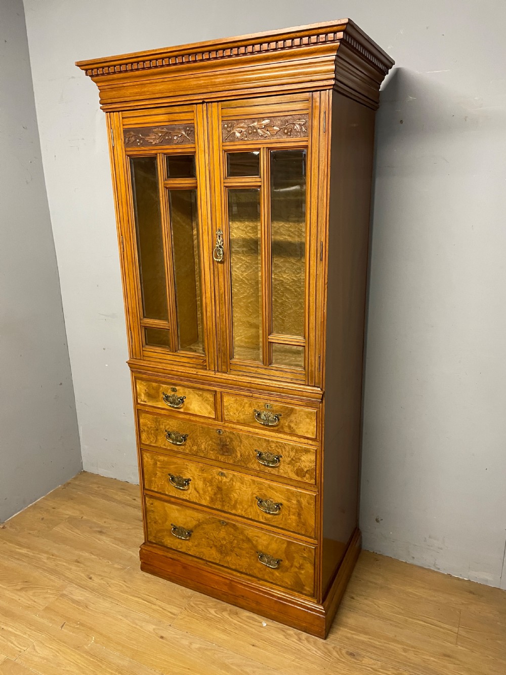 Burr walnut country house compactum cupboard over drawers circa 1890