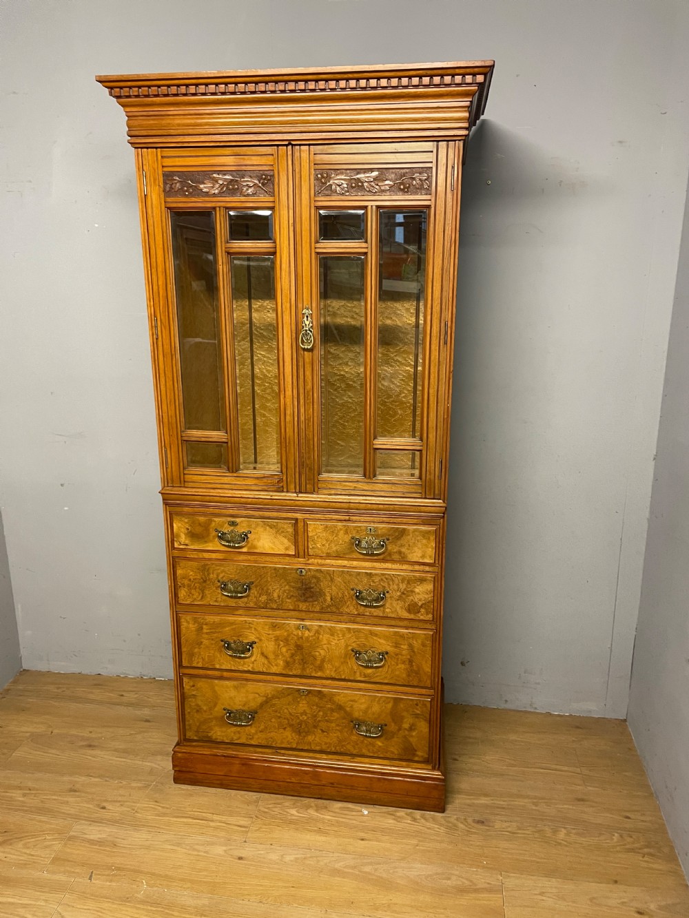 Burr walnut country house compactum cupboard over drawers circa 1890 View II
