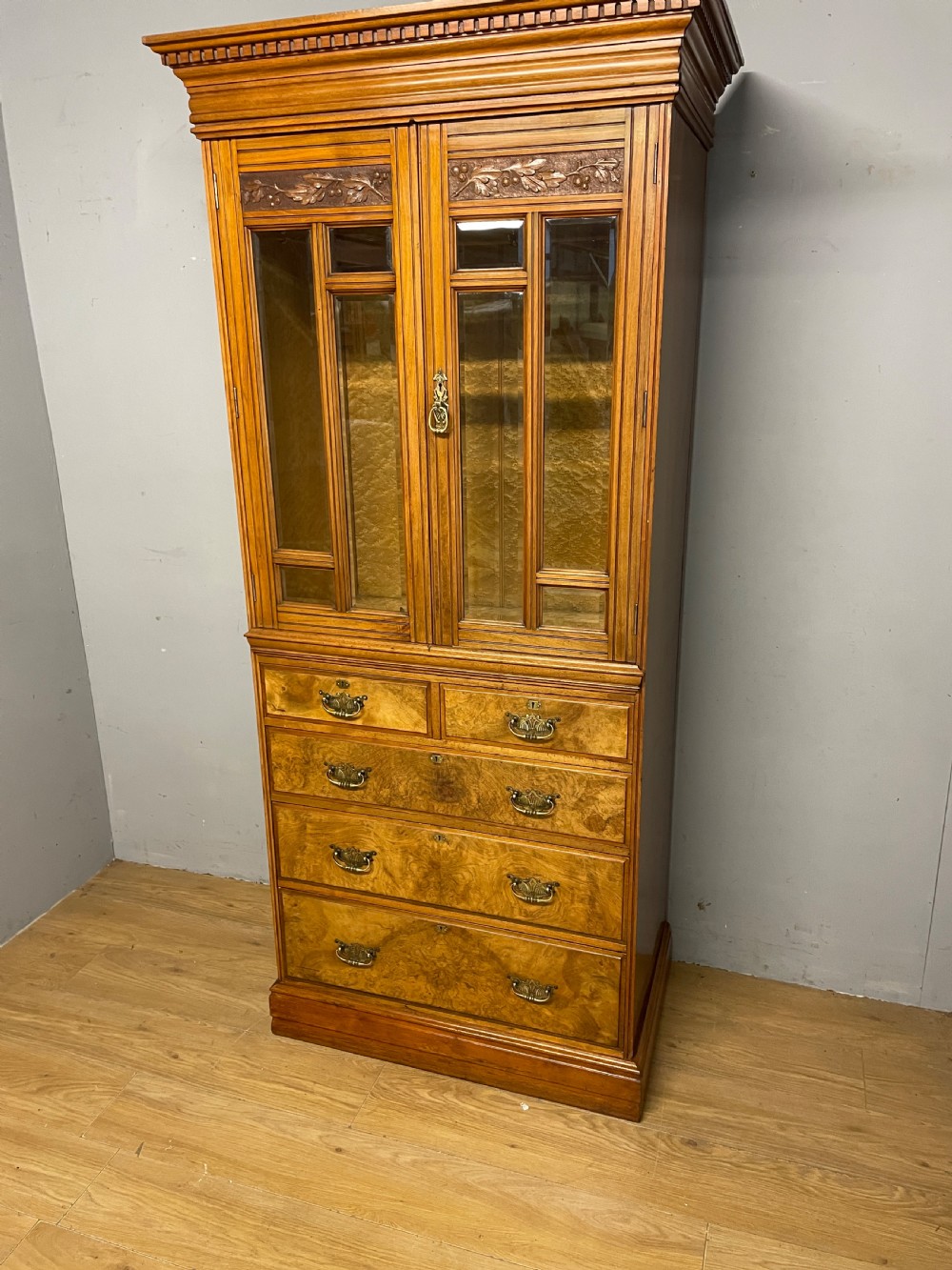Burr walnut country house compactum cupboard over drawers circa 1890 View III