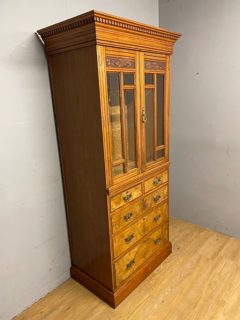 Burr walnut country house compactum cupboard over drawers circa 1890 View IV