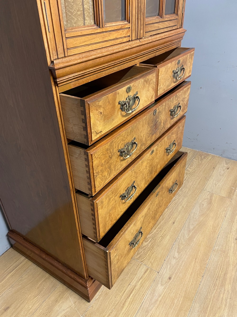 Burr walnut country house compactum cupboard over drawers circa 1890 View IX