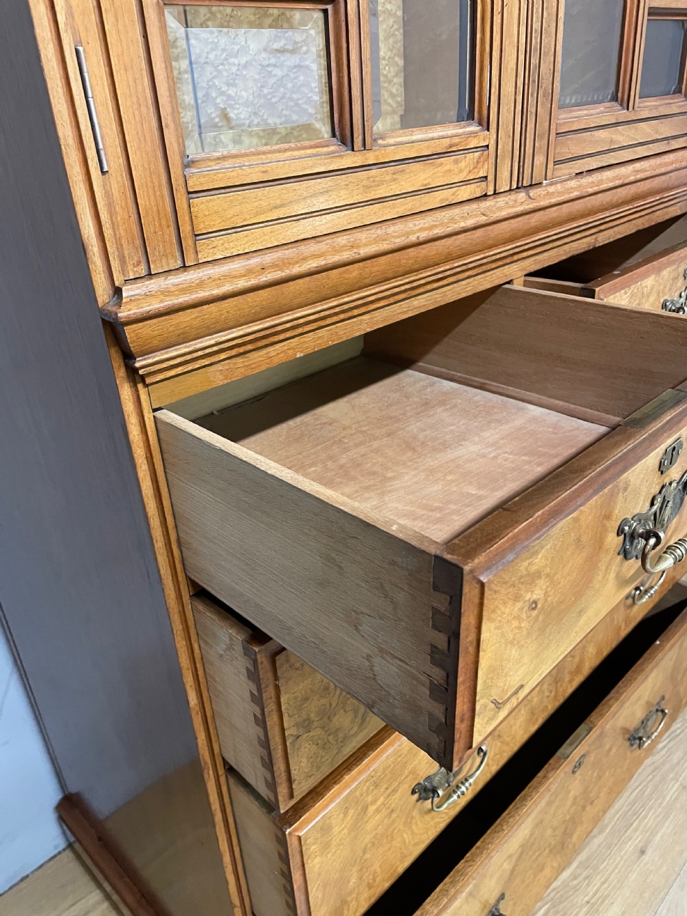 Burr walnut country house compactum cupboard over drawers circa 1890 View X