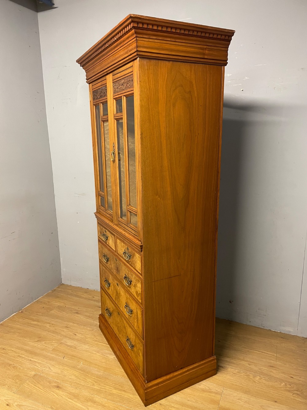 Burr walnut country house compactum cupboard over drawers circa 1890 View XIII