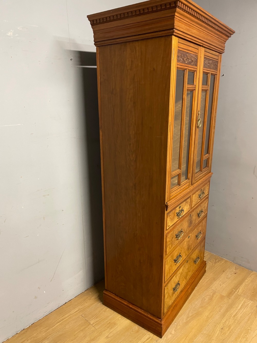 Burr walnut country house compactum cupboard over drawers circa 1890 View XV