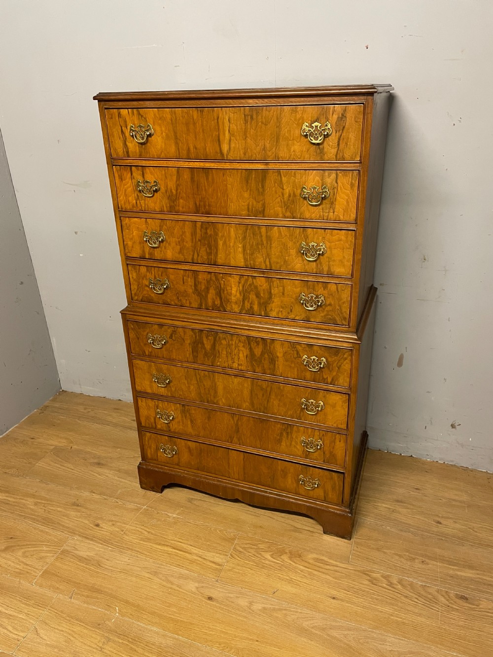 Early C20th burr walnut chest on chest 