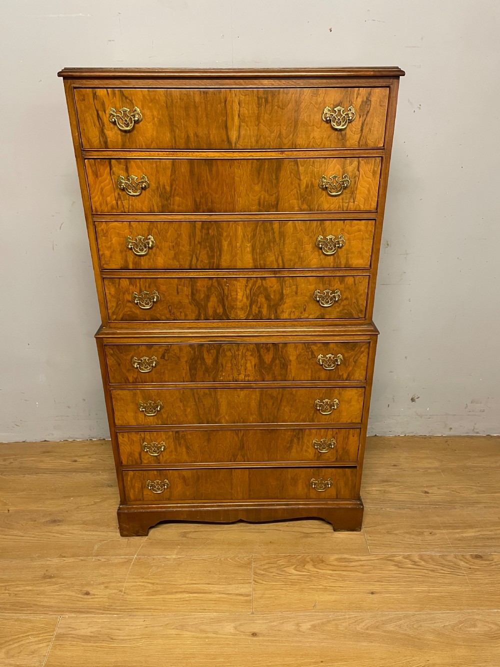 Early C20th burr walnut chest on chest  View II