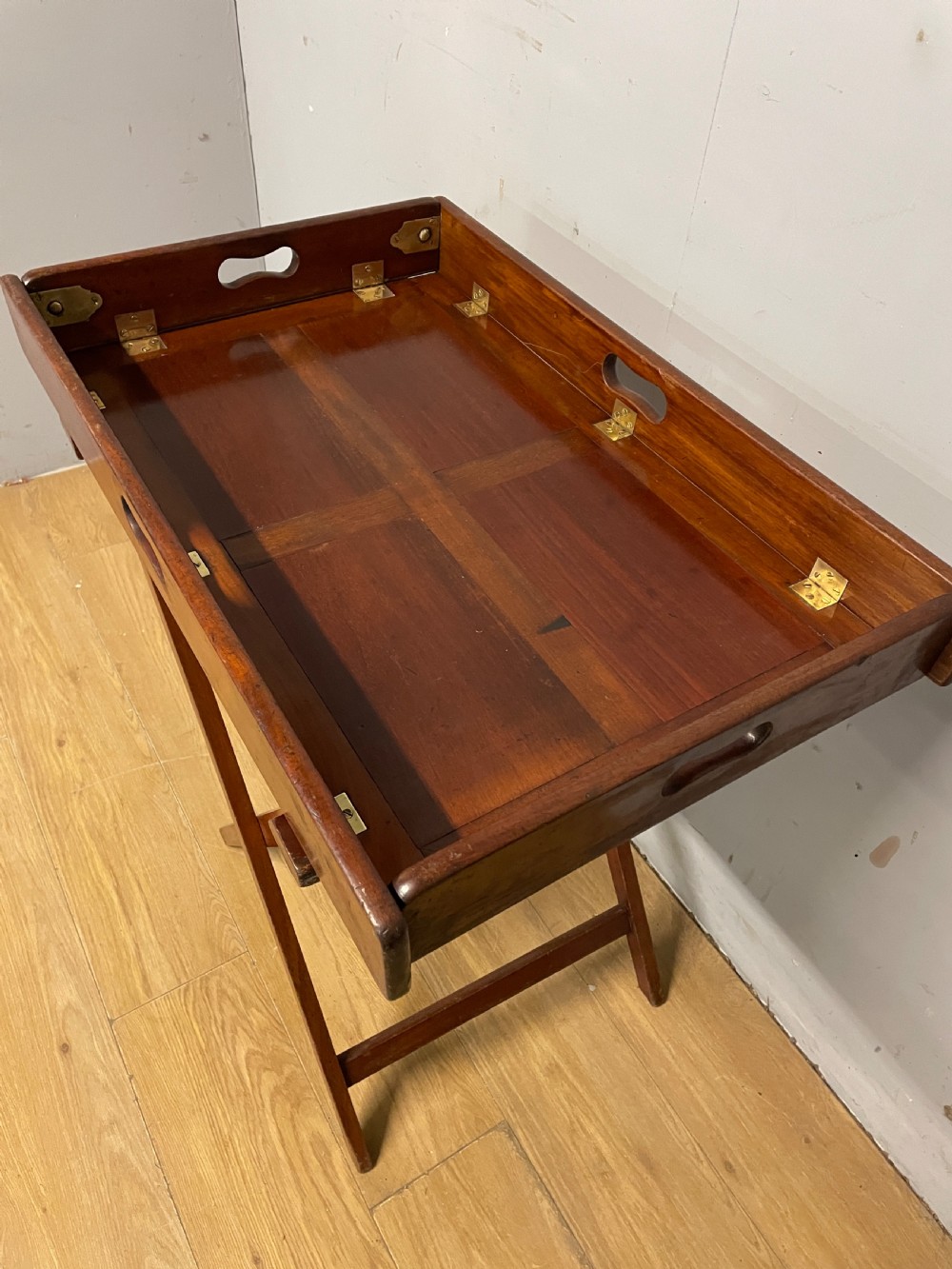 Solid mahogany late Georgian butlers tray on original stand  View II
