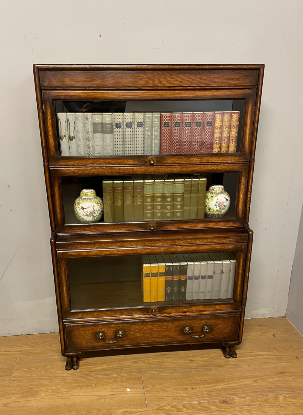 Three height oak Globe Wernicke stacking bookcase View II