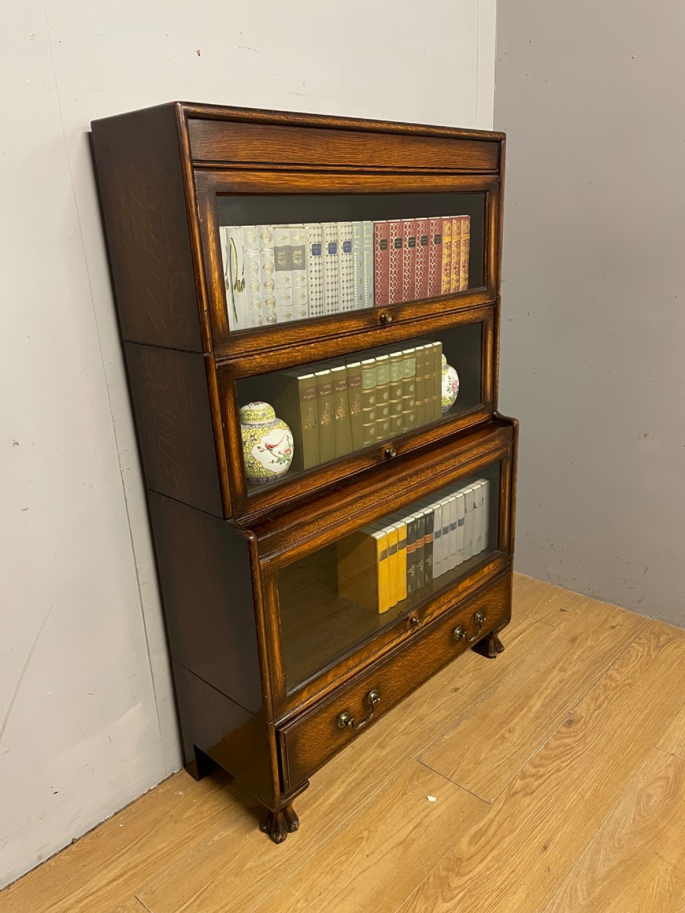Three height oak Globe Wernicke stacking bookcase View III