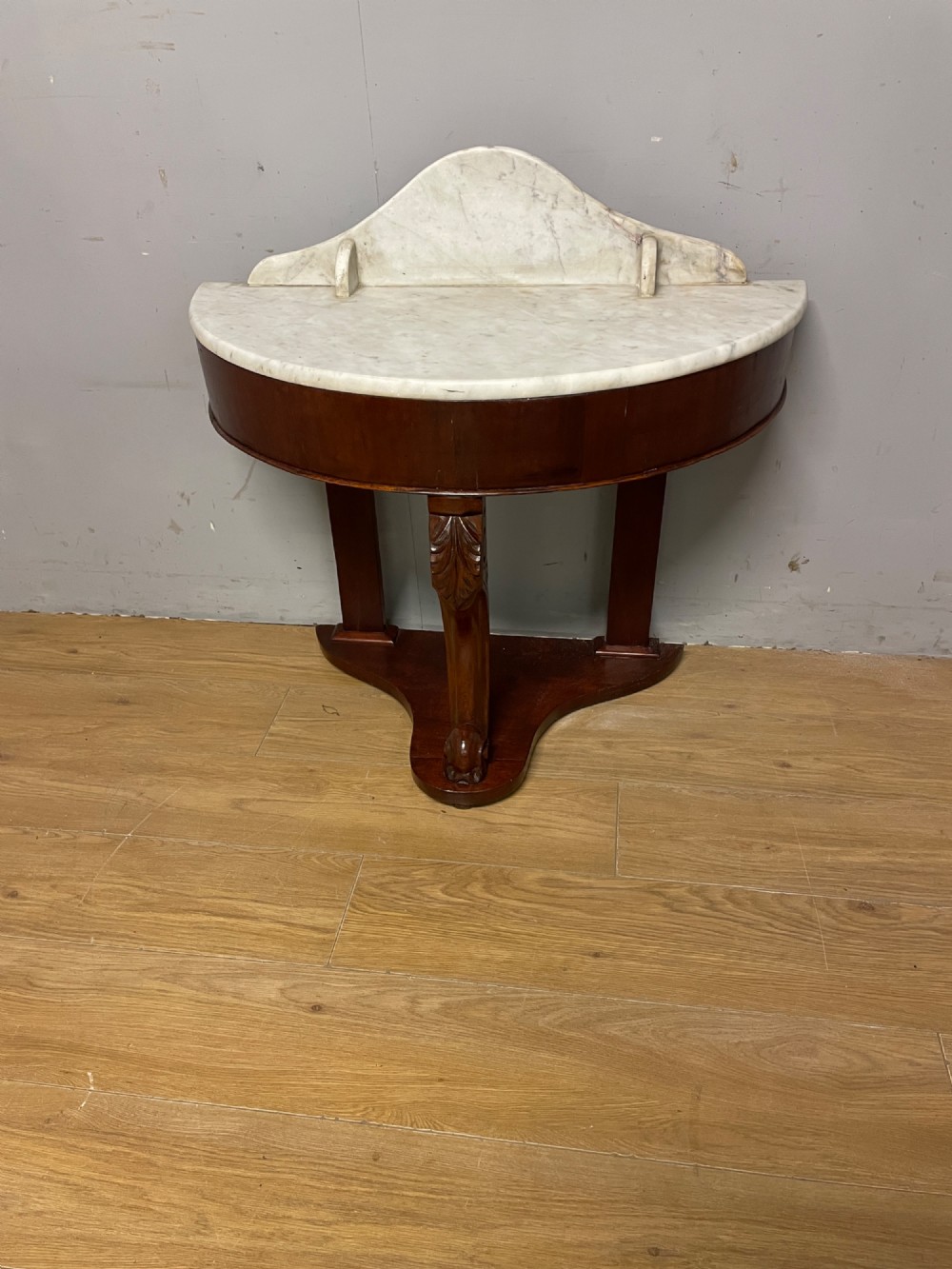 C19TH mahogany demi lune washstand with white Carrara marble top