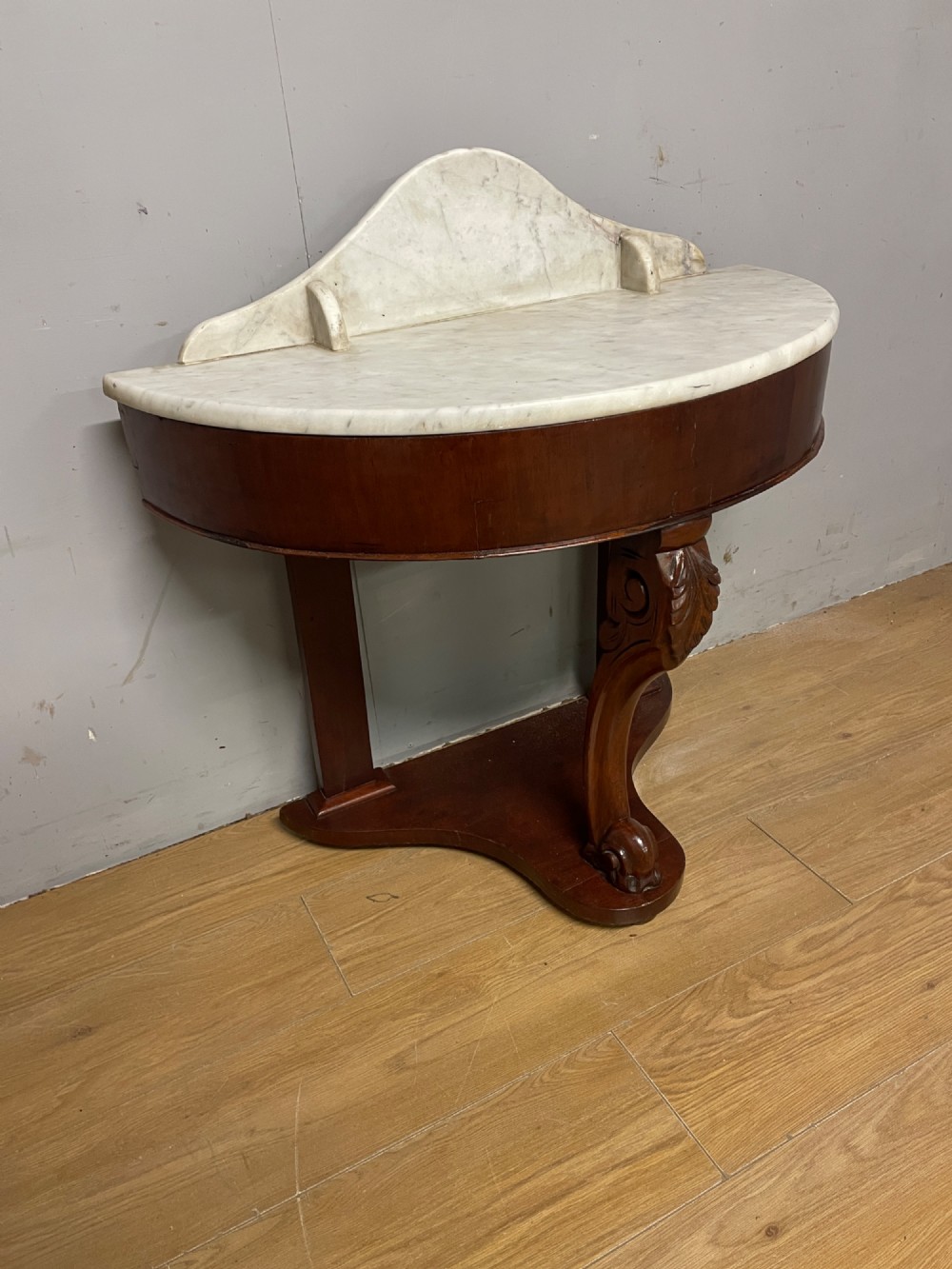 C19TH mahogany demi lune washstand with white Carrara marble top View II