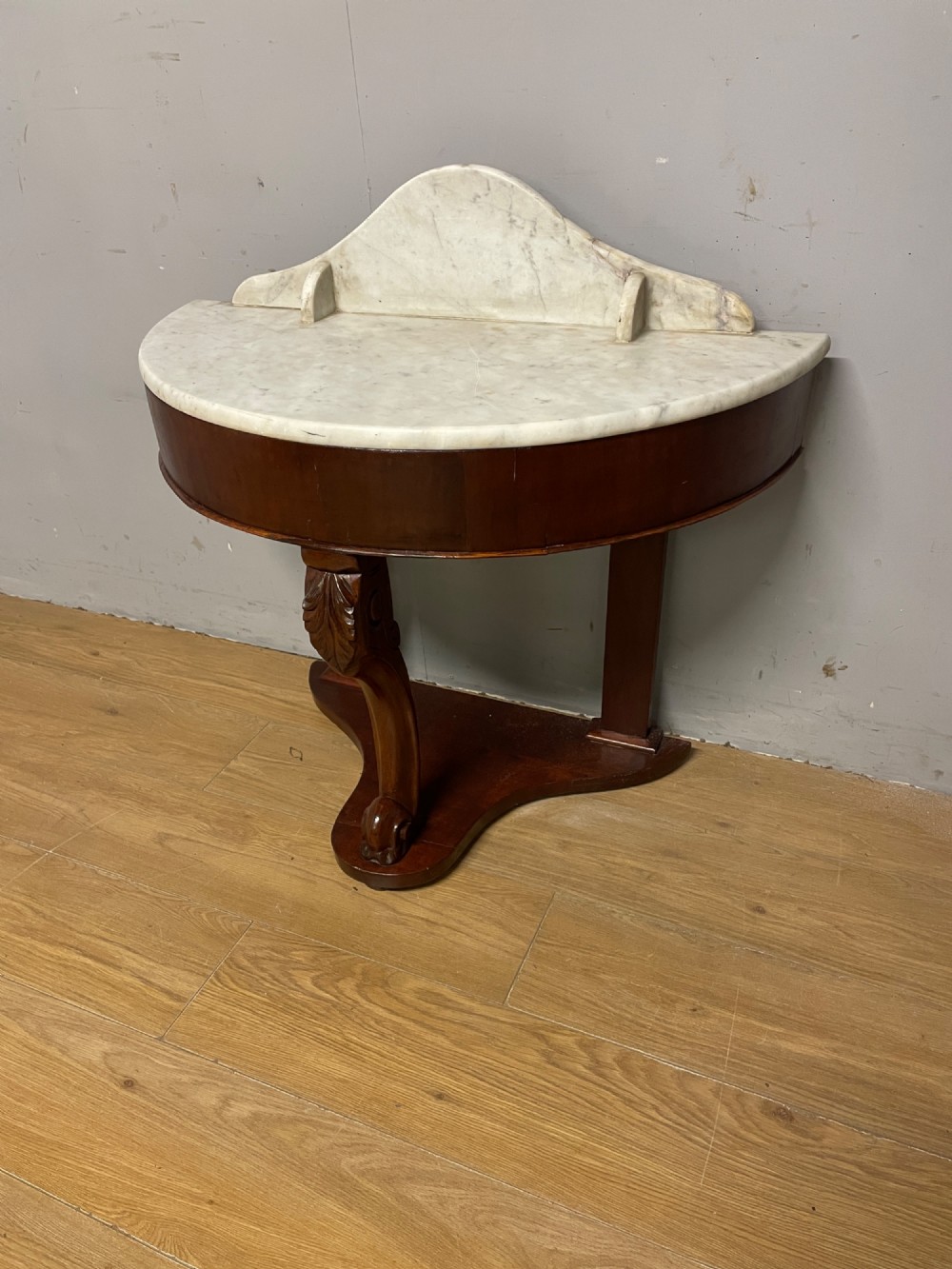 C19TH mahogany demi lune washstand with white Carrara marble top View III