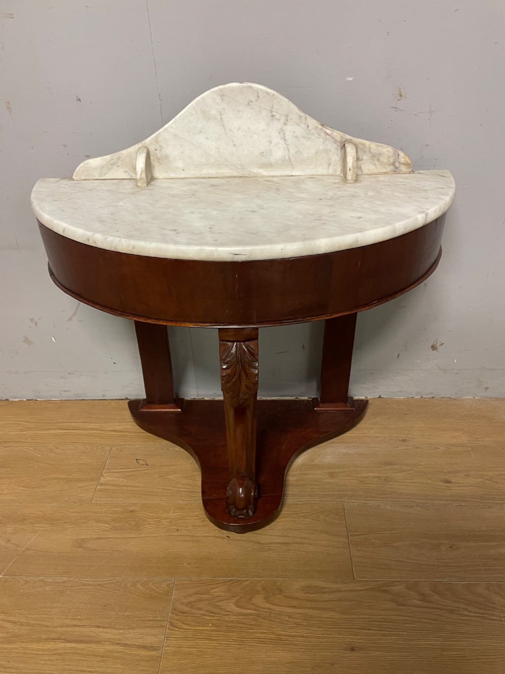 C19TH mahogany demi lune washstand with white Carrara marble top View VI