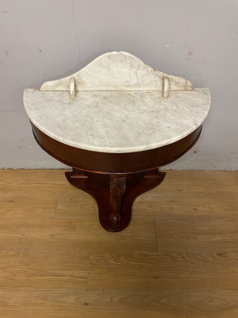 C19TH mahogany demi lune washstand with white Carrara marble top View VII