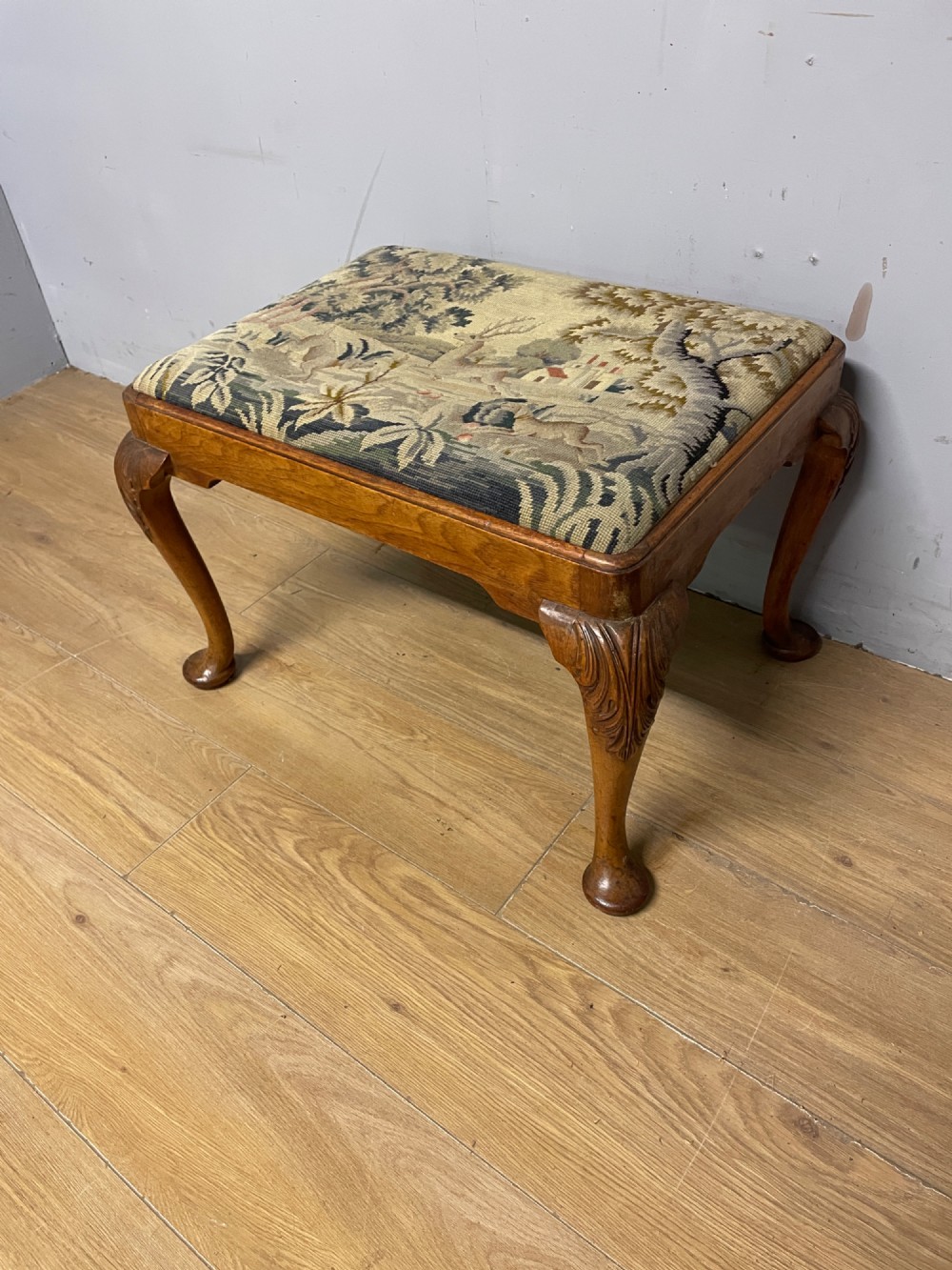Antique walnut dressing stool on carved cabriole legs View II
