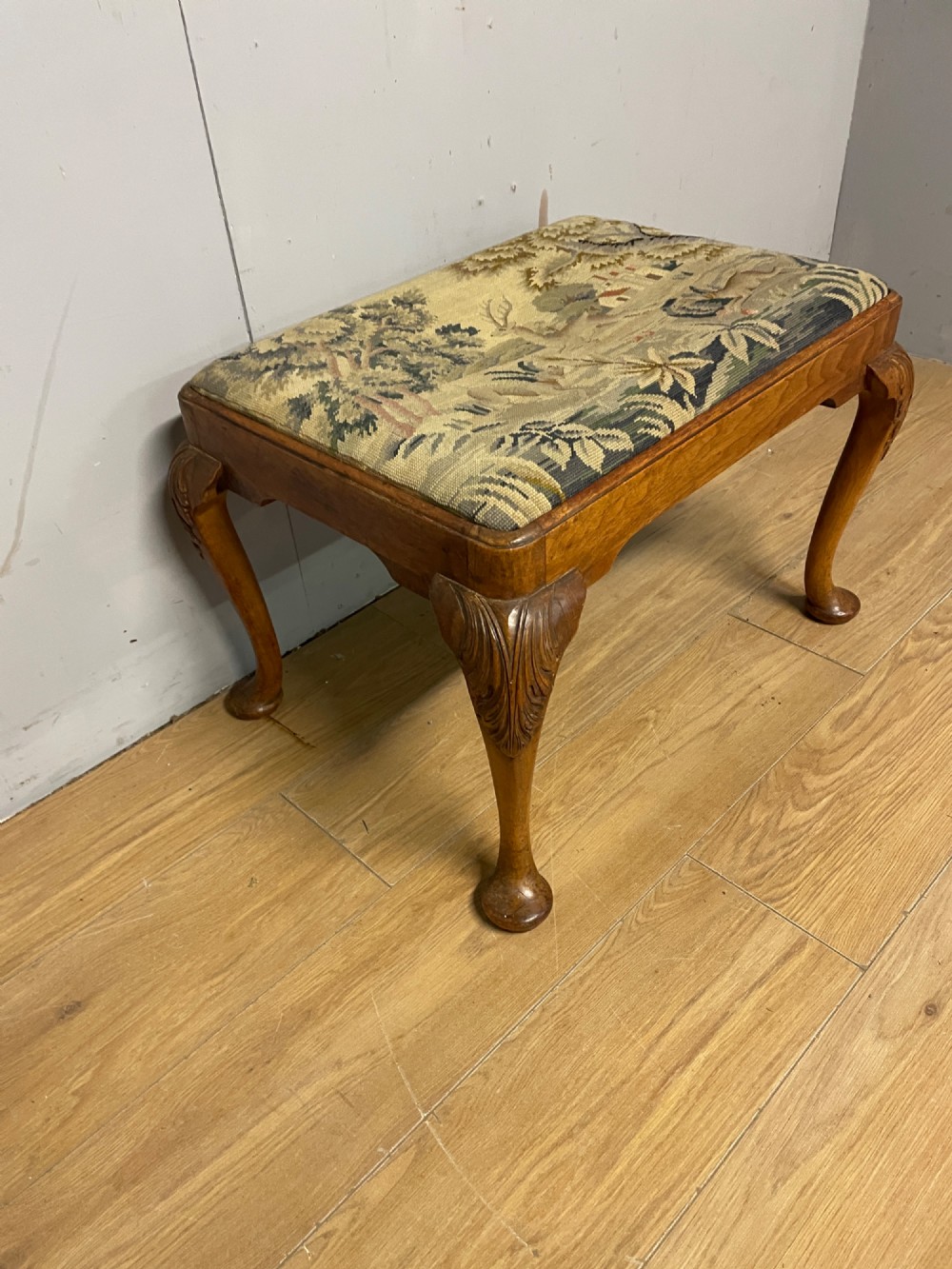 Antique walnut dressing stool on carved cabriole legs View III