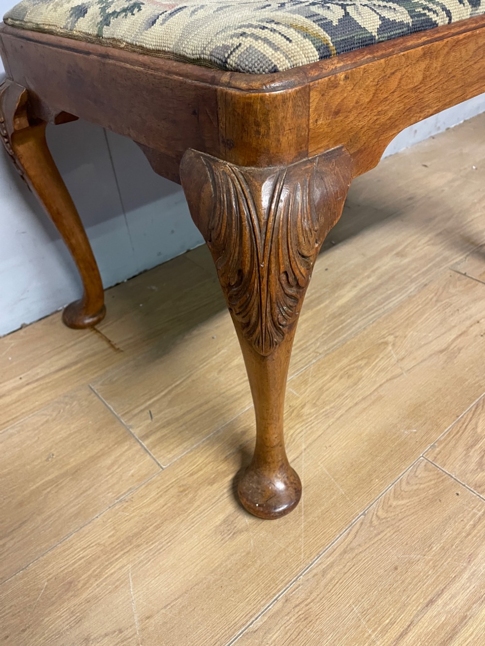 Antique walnut dressing stool on carved cabriole legs View IV
