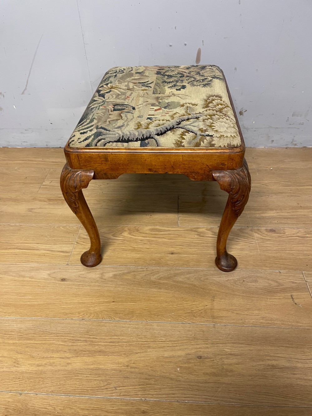 Antique walnut dressing stool on carved cabriole legs View V
