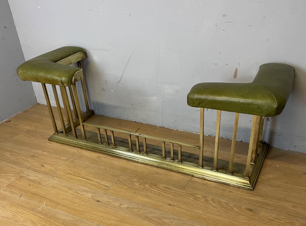 C19TH brass club fender in green leather