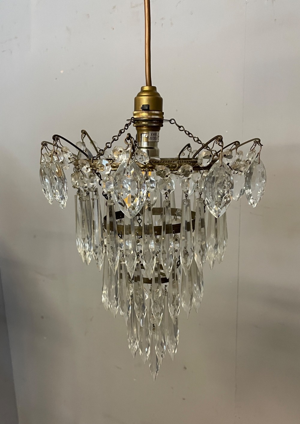 Cut glass three tier waterfall chandelier circa 1930 View II