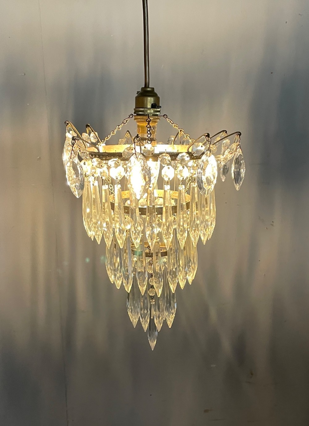Cut glass three tier waterfall chandelier circa 1930 View III
