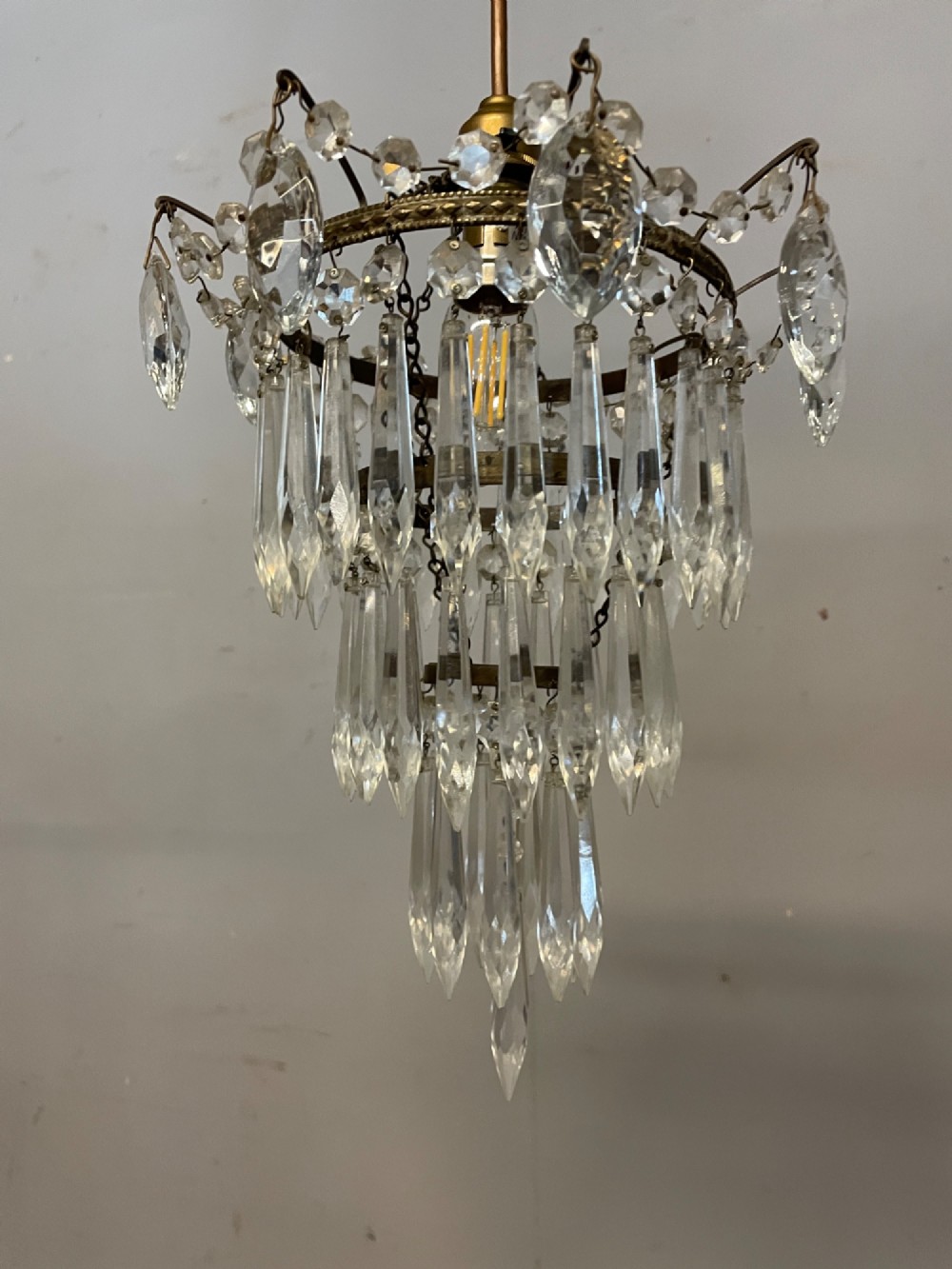 Cut glass three tier waterfall chandelier circa 1930 View VI