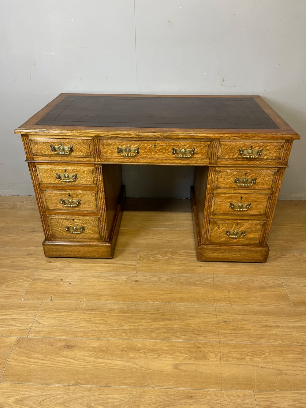 Arts and Crafts golden oak three part desk with inset leather top View II