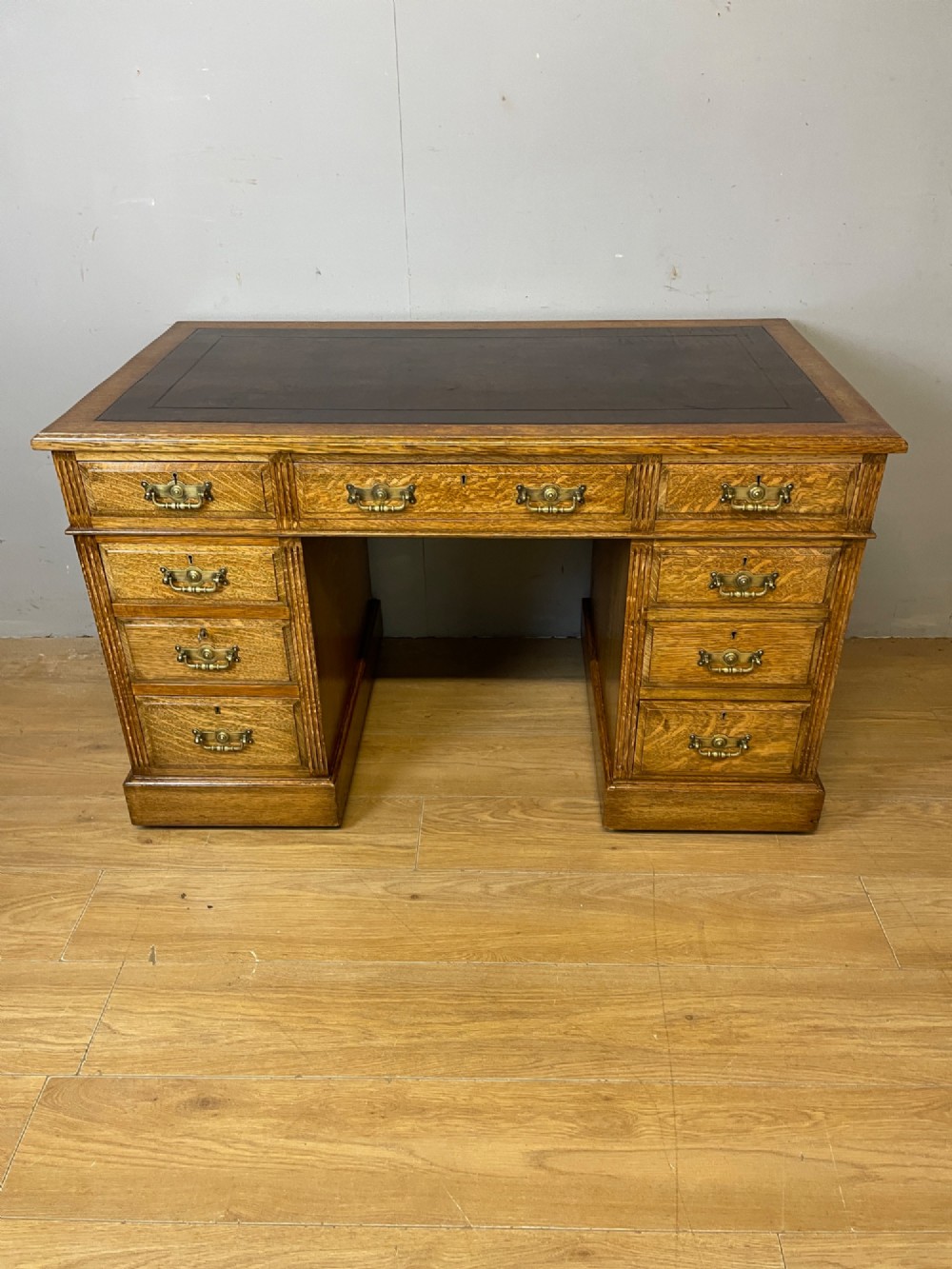 Arts and Crafts golden oak three part desk with inset leather top View III