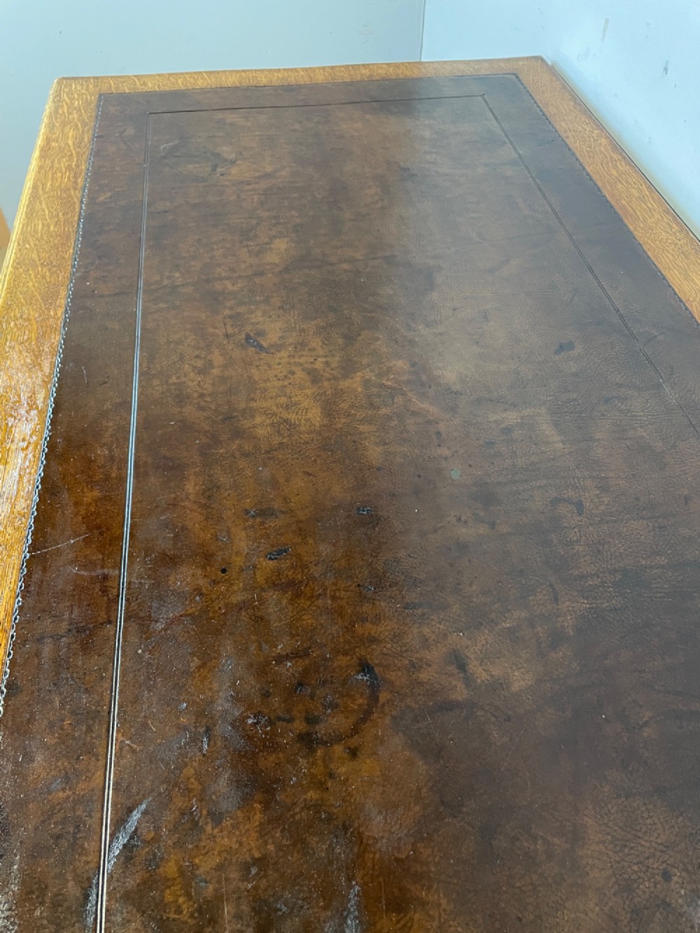 Arts and Crafts golden oak three part desk with inset leather top View V