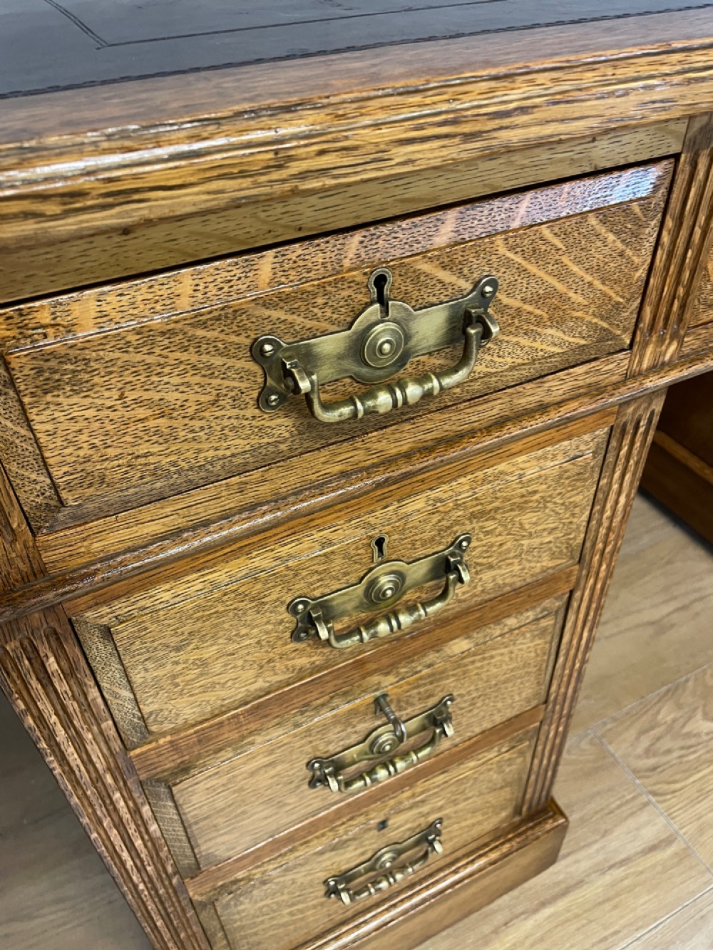 Arts and Crafts golden oak three part desk with inset leather top View VI