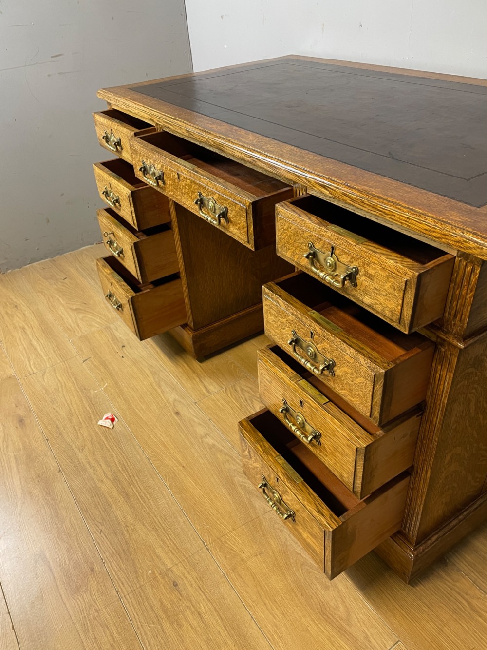 Arts and Crafts golden oak three part desk with inset leather top View VIII