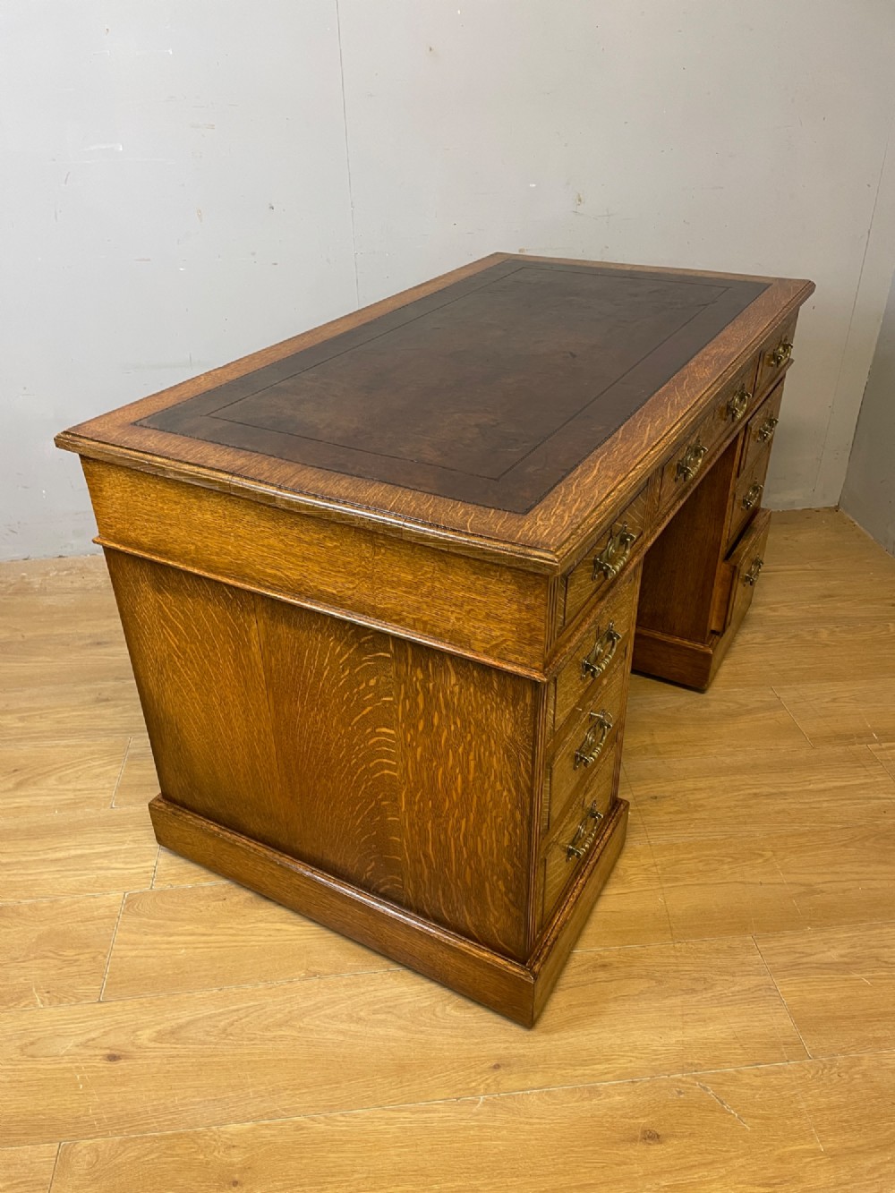 Arts and Crafts golden oak three part desk with inset leather top View X