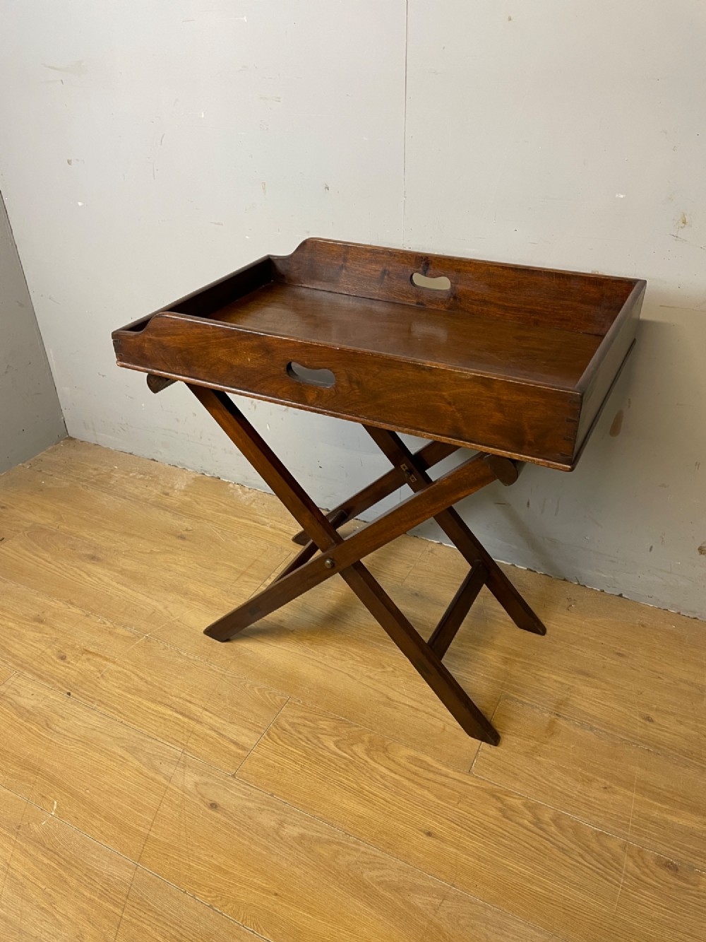 C19TH solid mahogany butlers tray on original stand